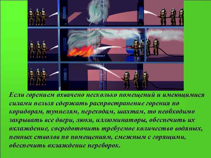 Если горением охвачено несколько помещений и имеющимися силами нельзя сдержать распространение горения по коридорам,