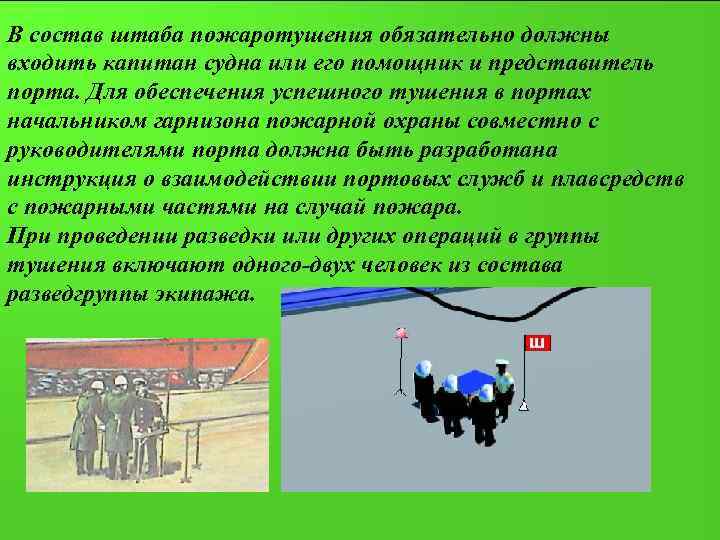 В состав штаба пожаротушения обязательно должны входить капитан судна или его помощник и представитель