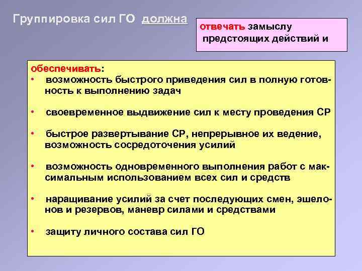 Группировка сил ГО должна отвечать замыслу предстоящих действий и обеспечивать: обеспечивать • возможность быстрого