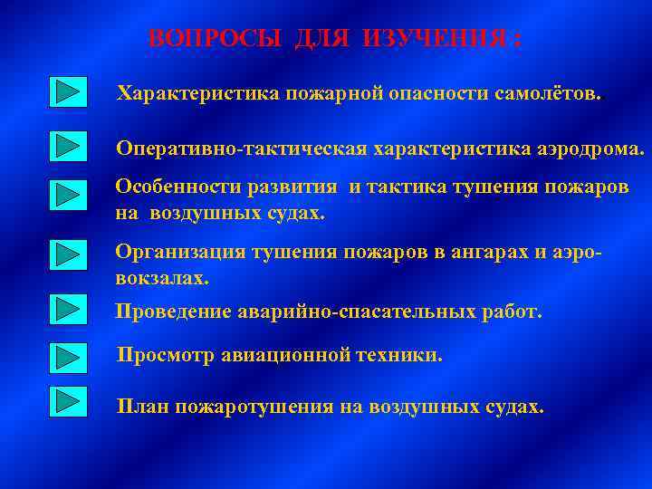 ВОПРОСЫ ДЛЯ ИЗУЧЕНИЯ : Характеристика пожарной опасности самолётов. . Оперативно-тактическая характеристика аэродрома. Особенности развития