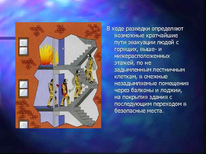 В ходе разведки определяют возможные кратчайшие пути эвакуации людей с горящих, выше- и нижерасположенных