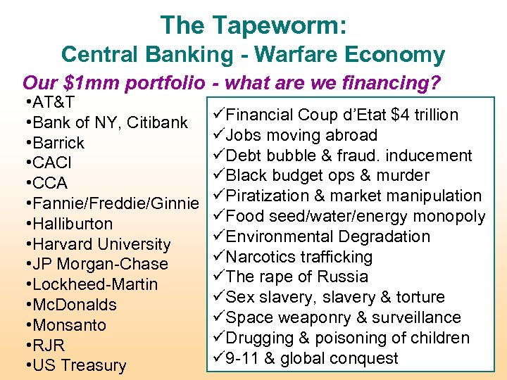 The Tapeworm: Central Banking - Warfare Economy Our $1 mm portfolio - what are