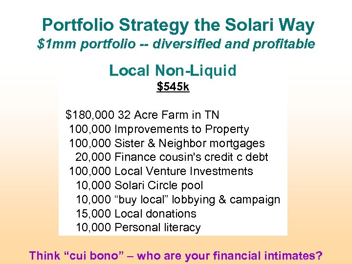 Portfolio Strategy the Solari Way $1 mm portfolio -- diversified and profitable Local Non-Liquid