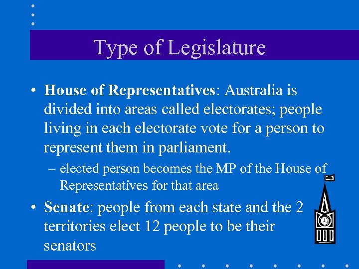 Type of Legislature • House of Representatives: Australia is divided into areas called electorates;