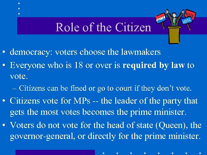 Role of the Citizen • democracy: voters choose the lawmakers • Everyone who is