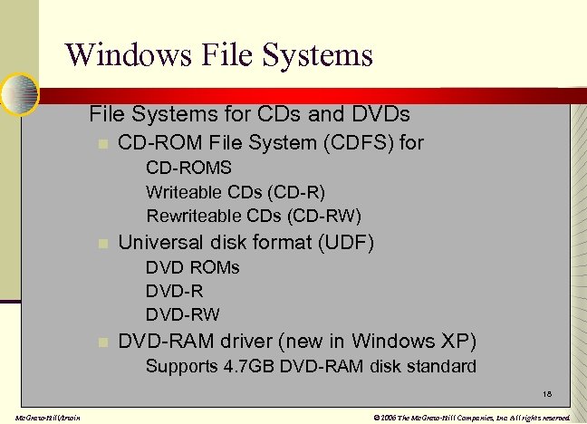 Windows File Systems n File Systems for CDs and DVDs n CD-ROM File System