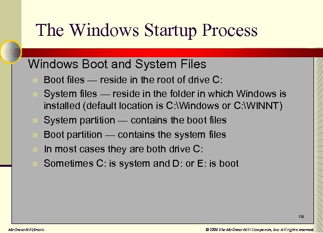 The Windows Startup Process n Windows Boot and System Files n n n Boot