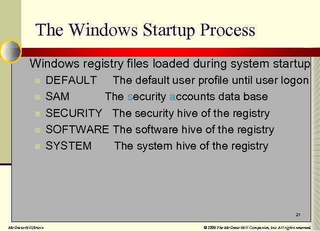 The Windows Startup Process n Windows registry files loaded during system startup n DEFAULT