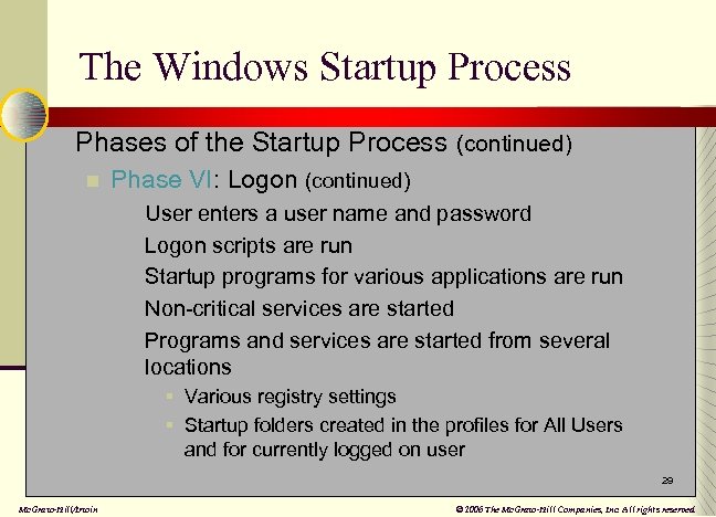 The Windows Startup Process n Phases of the Startup Process (continued) n Phase VI: