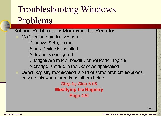 Troubleshooting Windows Problems n Solving Problems by Modifying the Registry n n Modified automatically