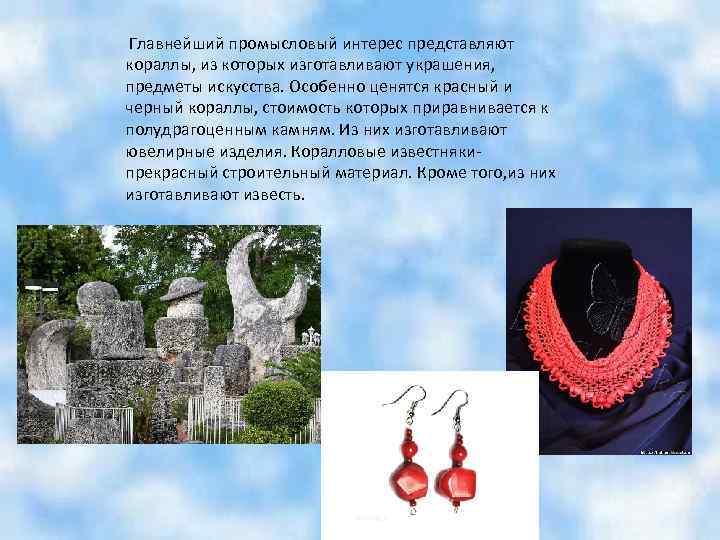  Главнейший промысловый интерес представляют кораллы, из которых изготавливают украшения, предметы искусства. Особенно ценятся