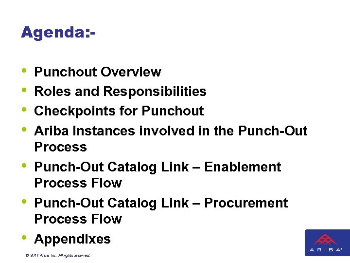 Agenda: - • • Punchout Overview Roles and Responsibilities Checkpoints for Punchout Ariba Instances