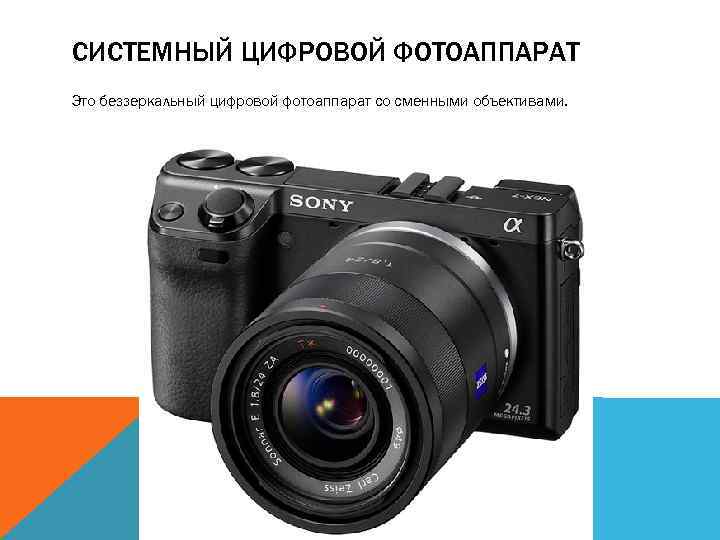 СИСТЕМНЫЙ ЦИФРОВОЙ ФОТОАППАРАТ Это беззеркальный цифровой фотоаппарат со сменными объективами. 