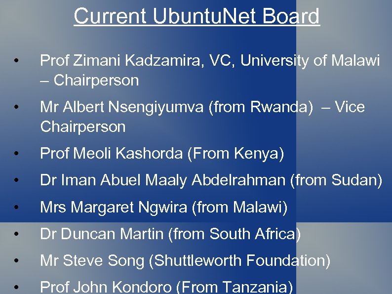 Current Ubuntu. Net Board • Prof Zimani Kadzamira, VC, University of Malawi – Chairperson