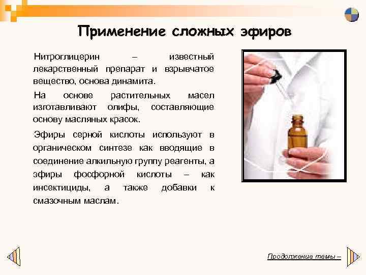 Применение сложных эфиров Нитроглицерин – известный лекарственный препарат и взрывчатое вещество, основа динамита. На