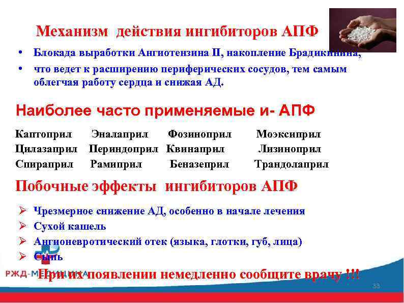  Механизм действия ингибиторов АПФ • Блокада выработки Ангиотензина II, накопление Брадикинина, • что