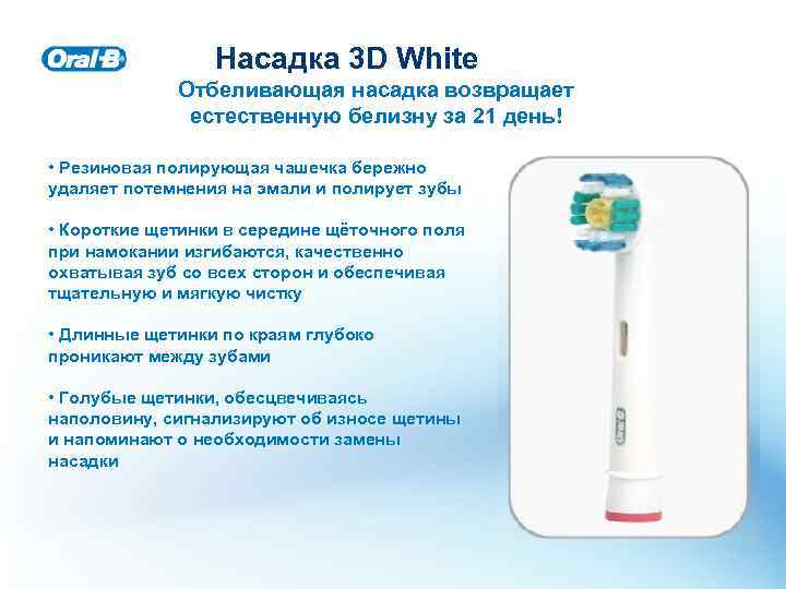 Насадка 3 D White Отбеливающая насадка возвращает естественную белизну за 21 день! • Резиновая
