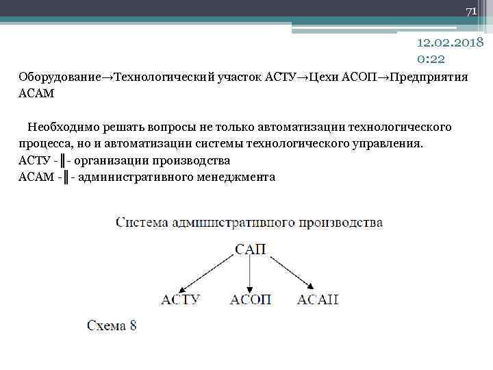 71 12. 02. 2018 0: 22 Оборудование→Технологический участок АСТУ→Цехи АСОП→Предприятия АСАМ Необходимо решать вопросы