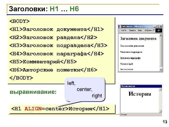 Заголовки: H 1 … H 6 <BODY> <H 1>Заголовок документа</H 1> <H 2>Заголовок раздела</H