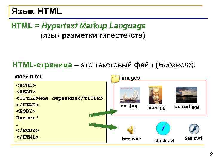 Язык HTML = Hypertext Markup Language (язык разметки гипертекста) HTML-страница – это текстовый файл