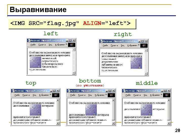 Выравнивание <IMG SRC="flag. jpg" ALIGN="left"> left top right bottom (по умолчанию) middle 20 
