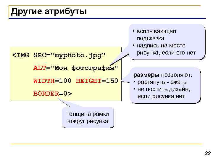 Другие атрибуты <IMG SRC="myphoto. jpg" ALT="Моя фотография" WIDTH=100 HEIGHT=150 BORDER=0> • всплывающая подсказка •