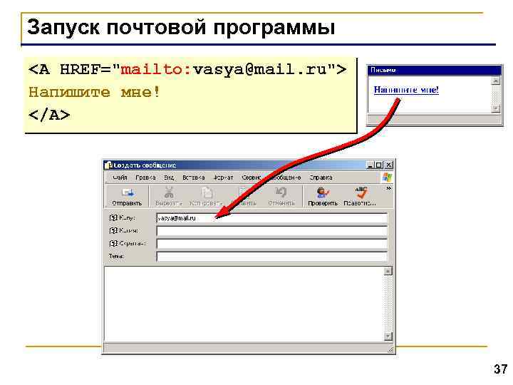 Запуск почтовой программы <A HREF="mailto: vasya@mail. ru"> Напишите мне! </A> 37 
