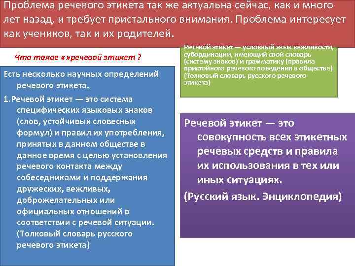 Проблема речевого этикета так же актуальна сейчас, как и много лет назад, и требует