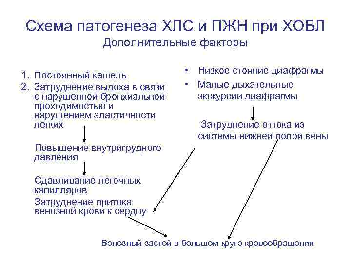 Схема патогенеза ХЛС и ПЖН при ХОБЛ Дополнительные факторы 1. Постоянный кашель 2. Затруднение