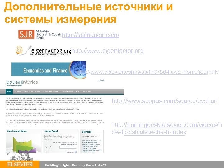 Дополнительные источники и системы измерения http: //scimagojr. com/ http: //www. eigenfactor. org http: //www.
