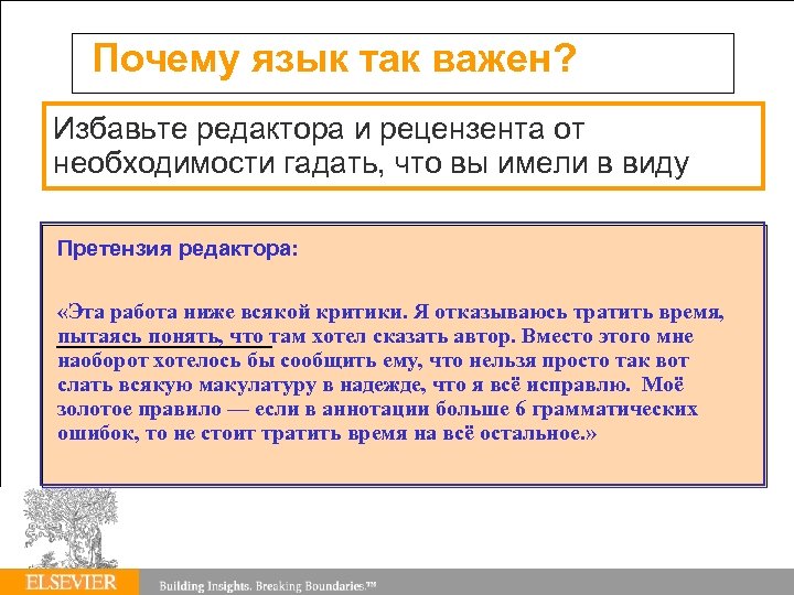 Почему язык так важен? Избавьте редактора и рецензента от необходимости гадать, что вы имели