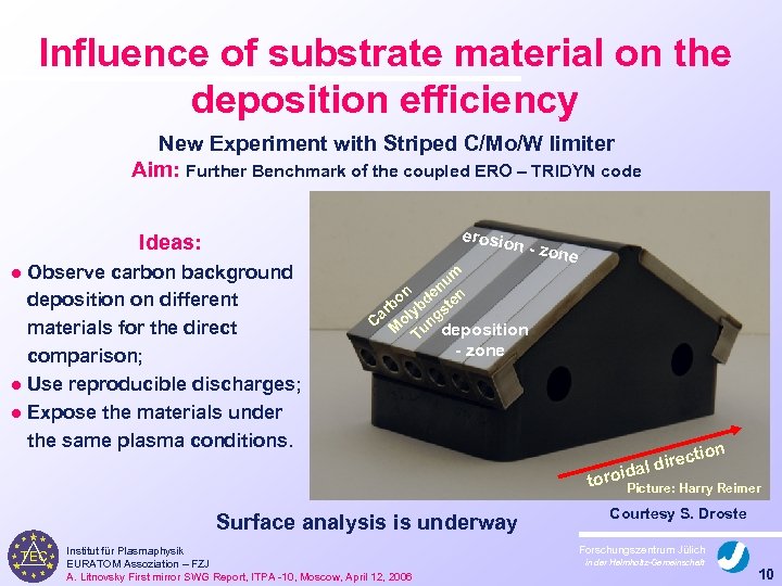 Influence of substrate material on the deposition efficiency New Experiment with Striped C/Mo/W limiter