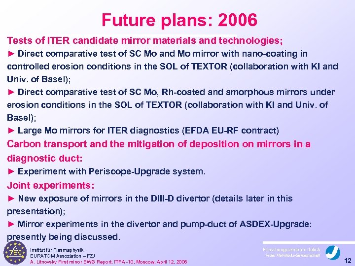 Future plans: 2006 Tests of ITER candidate mirror materials and technologies; ► Direct comparative
