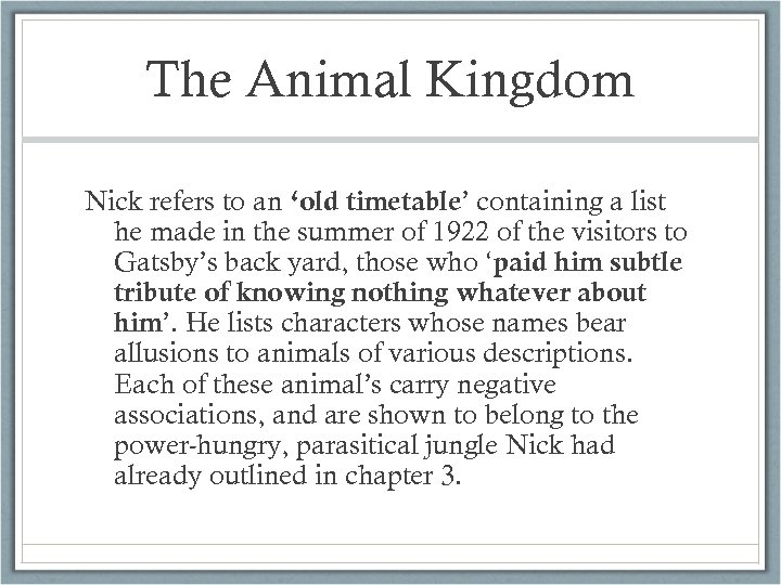 The Animal Kingdom Nick refers to an ‘old timetable’ containing a list he made