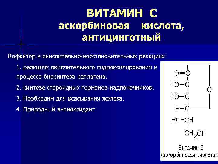 ВИТАМИН С аскорбиновая кислота, антицинготный Кофактор в окислительно-восстановительных реакциях: 1. реакциях окислительного гидроксилирования в