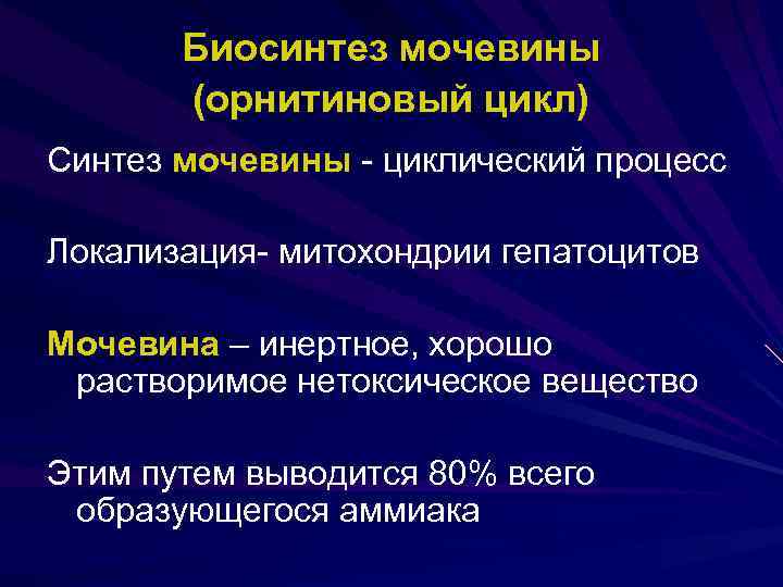 Биосинтез мочевины (орнитиновый цикл) Синтез мочевины - циклический процесс Локализация- митохондрии гепатоцитов Мочевина –