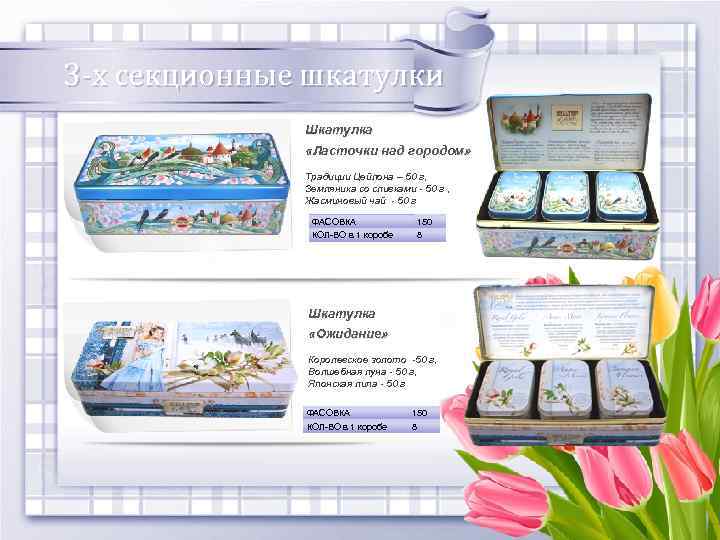 3 -х секционные шкатулки Шкатулка «Ласточки над городом» Традиции Цейлона – 50 г, Земляника