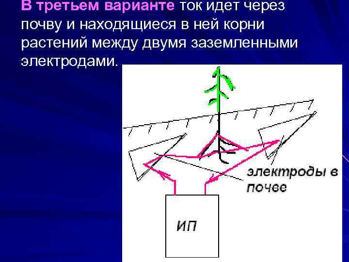 В третьем варианте ток идет через почву и находящиеся в ней корни растений между