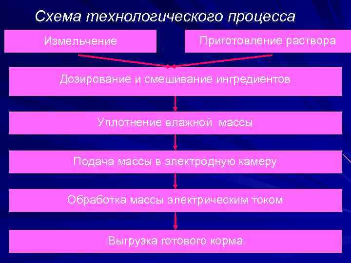 Схема технологического процесса Измельчение Приготовление раствора Дозирование и смешивание ингредиентов Уплотнение влажной массы Подача