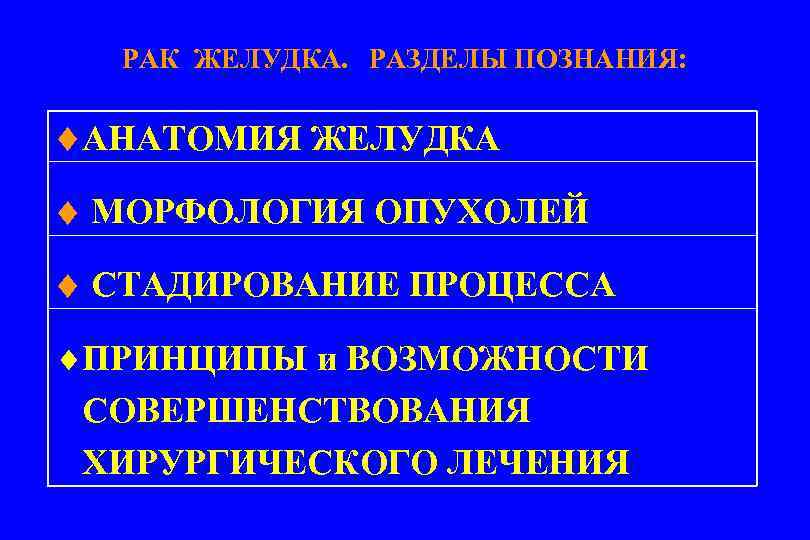 РАК ЖЕЛУДКА. РАЗДЕЛЫ ПОЗНАНИЯ: АНАТОМИЯ ЖЕЛУДКА МОРФОЛОГИЯ ОПУХОЛЕЙ СТАДИРОВАНИЕ ПРОЦЕССА ПРИНЦИПЫ и ВОЗМОЖНОСТИ СОВЕРШЕНСТВОВАНИЯ