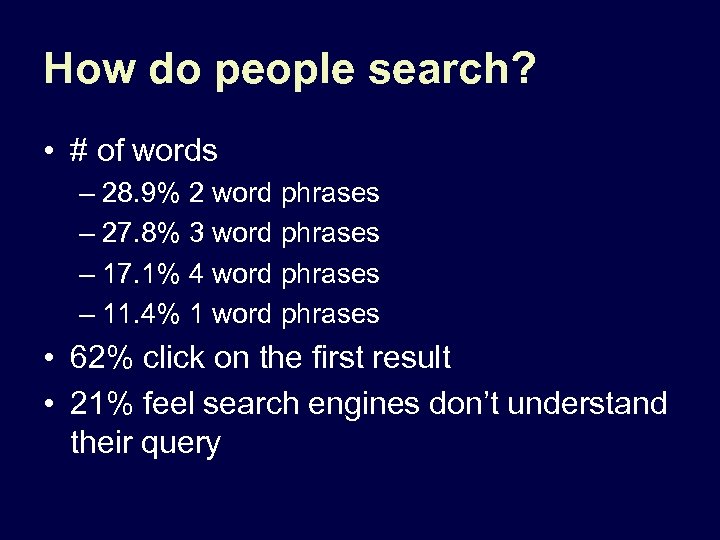 How do people search? • # of words – 28. 9% 2 word phrases
