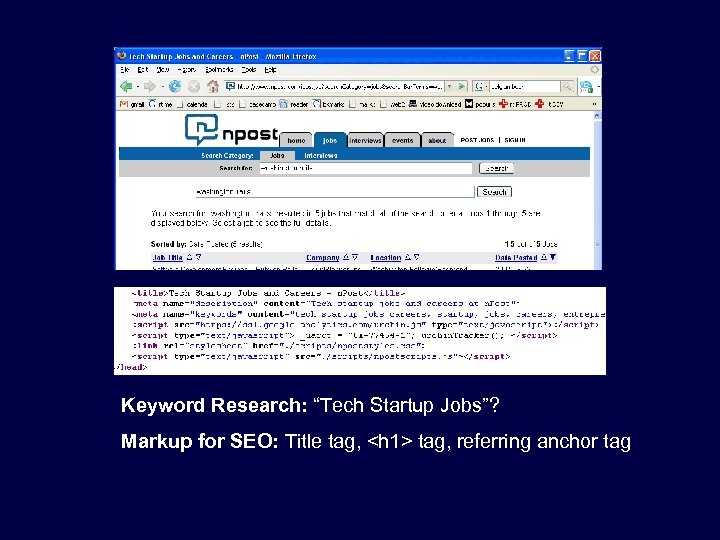 Keyword Research: “Tech Startup Jobs”? Markup for SEO: Title tag, <h 1> tag, referring