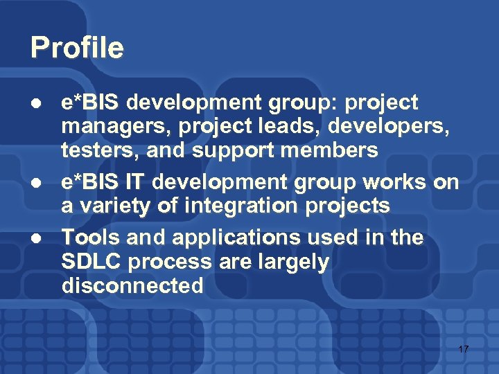 Profile l l l e*BIS development group: project managers, project leads, developers, testers, and
