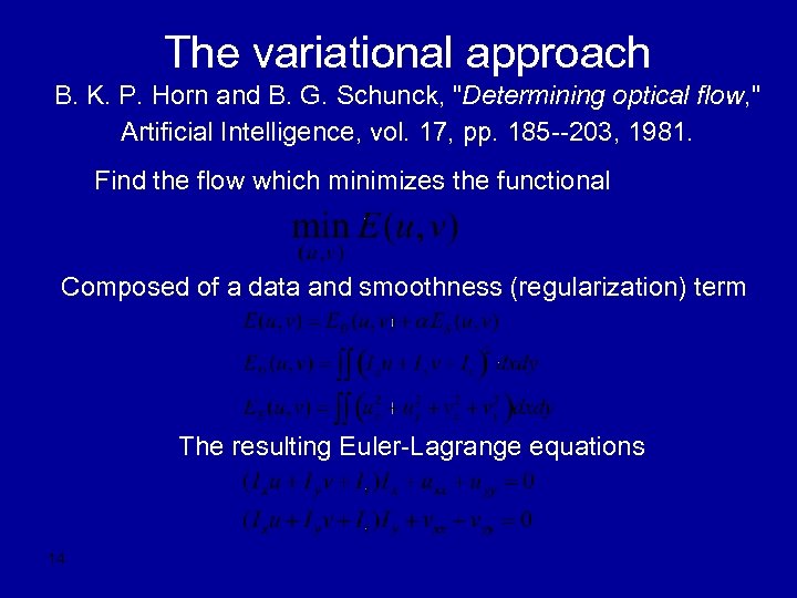 The variational approach B. K. P. Horn and B. G. Schunck, "Determining optical flow,