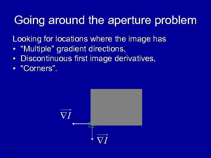 Going around the aperture problem Looking for locations where the image has • “Multiple”