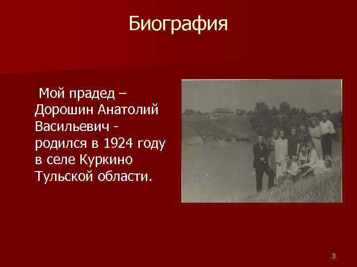 Биография Мой прадед – Дорошин Анатолий Васильевич родился в 1924 году в селе Куркино