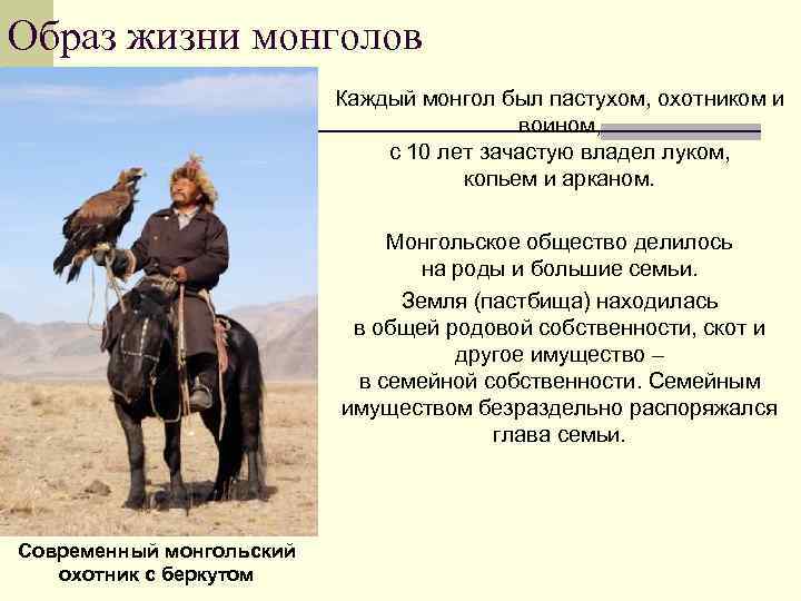 Образ жизни монголов Каждый монгол был пастухом, охотником и воином, с 10 лет зачастую