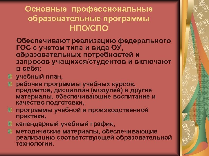 Основные профессиональные образовательные программы НПО/СПО Обеспечивают реализацию федерального ГОС с учетом типа и вида