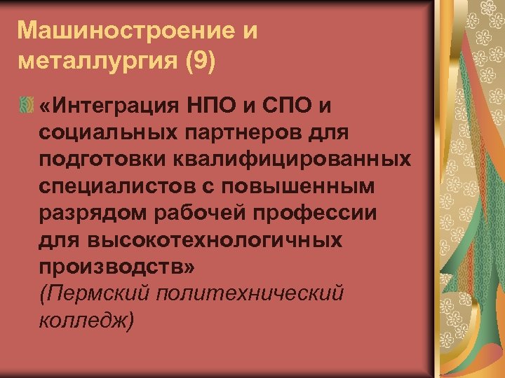 Машиностроение и металлургия (9) «Интеграция НПО и СПО и социальных партнеров для подготовки квалифицированных