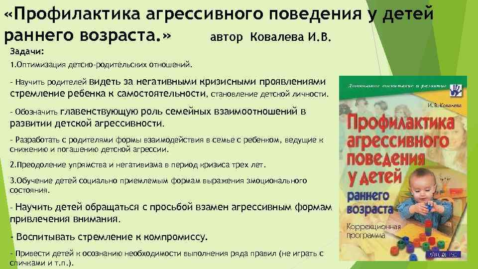  «Профилактика агрессивного поведения у детей раннего возраста. » автор Ковалева И. В. Задачи: